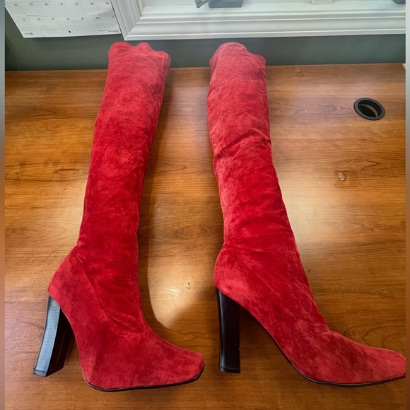 Red Suede Leather Thigh High Heeled Boots Size 9 - Picture 5 of 14